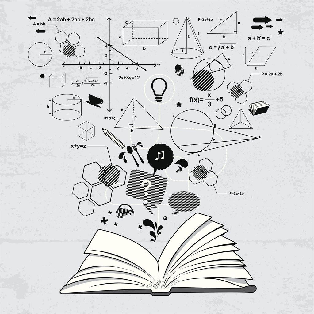 A textbook with math symbols and shapes floating out of the pages.