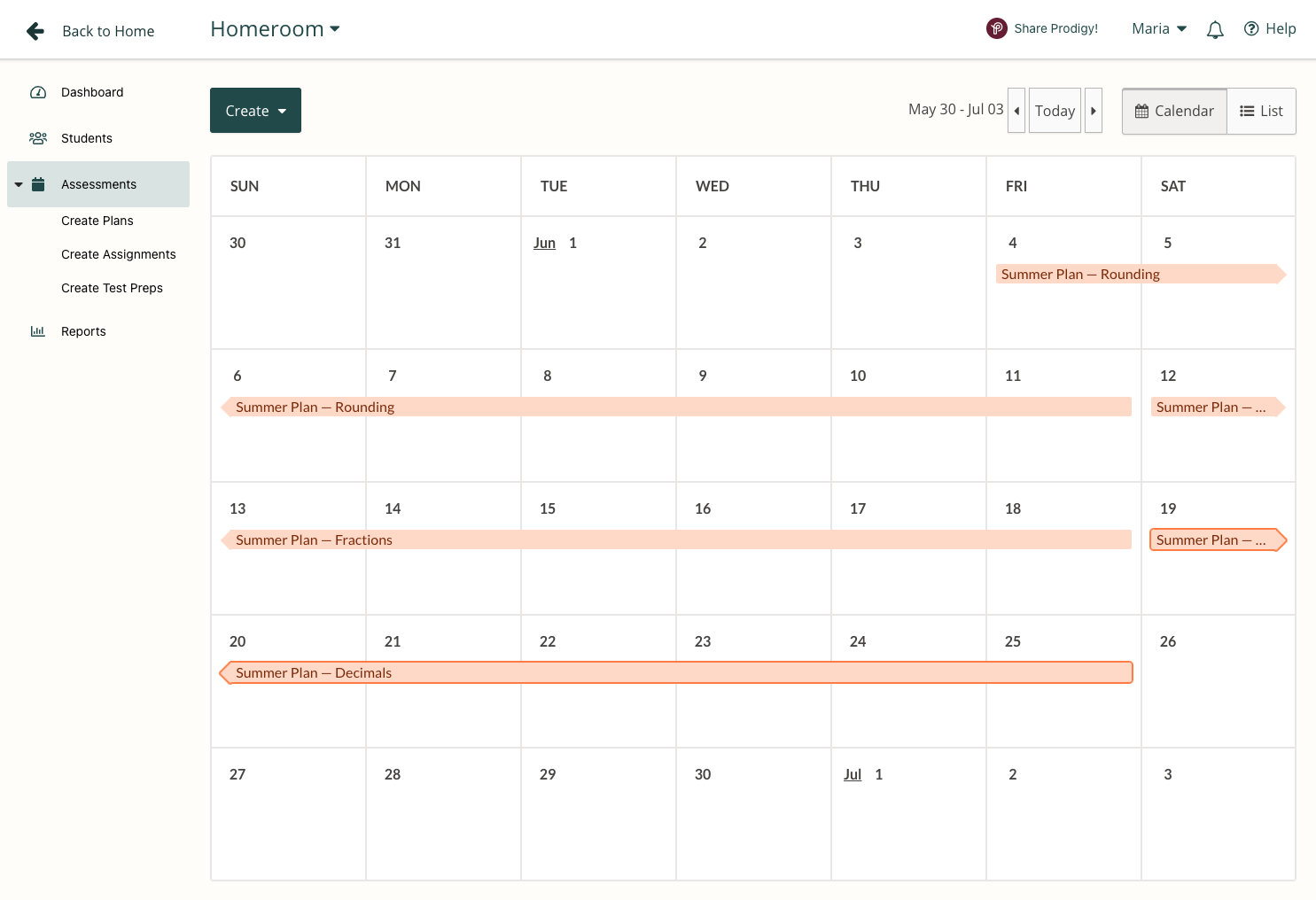 Summer calendar of Plans in Prodigy
