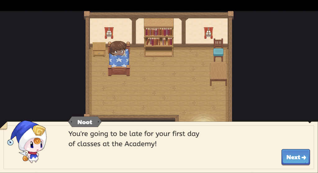 In-game image of Noot, a character in Prodigy Math Game, telling the player: "You