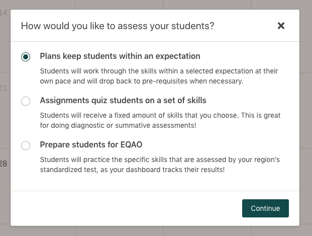 Screenshot of assessments creation pop-up in Prodigy